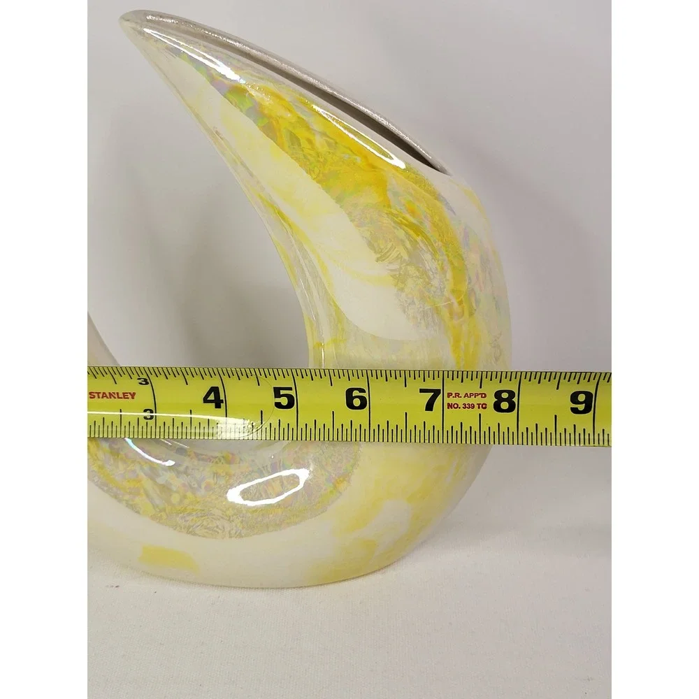 Vintage Iridescent Yellow Marbled Ceramic Crescent Moon Vase Art Pottery 8.5